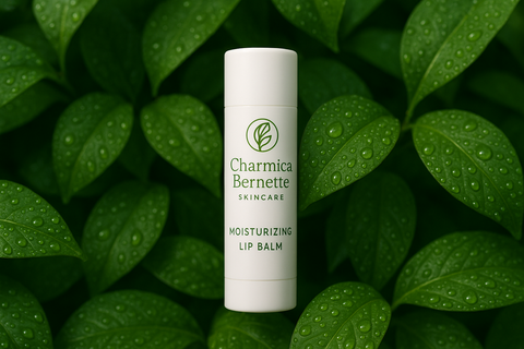  MAke the lip balm bottle white with green logo with green background with leaves that have moisture on them