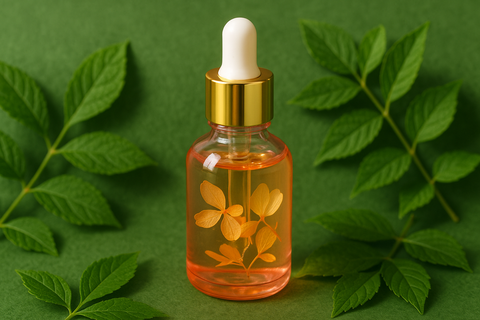 pink glass dropper bottle with gold cap flower petels in the oil. Make the oil a light orange color on a green background with leaves