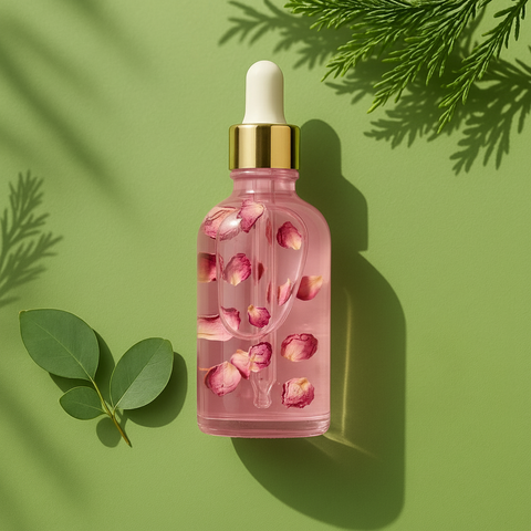 pink glass dropper bottle with gold cap nad rose petels in the oil on a green background with leaves